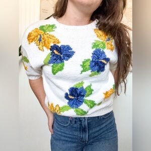 Vintage Marisa Christina White Sweater with Blue and Yellow Floral Design